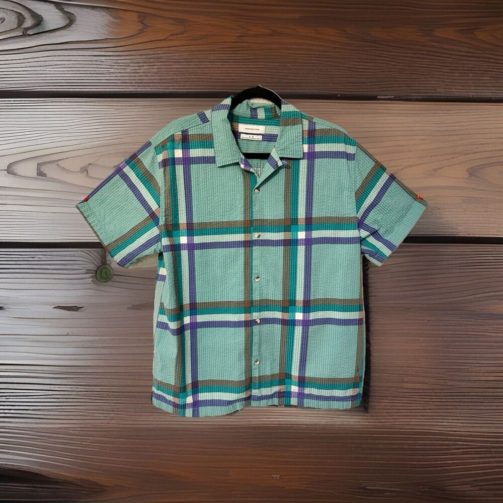 Urban Outfitters Shirt Mens Large Green Plaid Button Up Short Sleeve 100% Cotton
